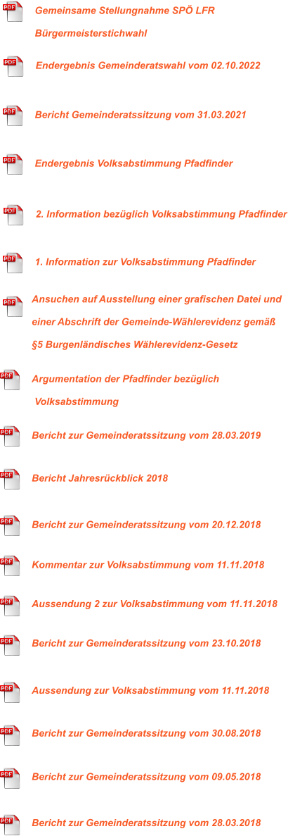 Bericht zur Gemeinderatssitzung vom 28.03.2018 Bericht zur Gemeinderatssitzung vom 09.05.2018 Bericht zur Gemeinderatssitzung vom 30.08.2018 Aussendung zur Volksabstimmung vom 11.11.2018 Bericht zur Gemeinderatssitzung vom 23.10.2018 Aussendung 2 zur Volksabstimmung vom 11.11.2018 Kommentar zur Volksabstimmung vom 11.11.2018 Bericht zur Gemeinderatssitzung vom 20.12.2018 Bericht Jahresrückblick 2018  Bericht zur Gemeinderatssitzung vom 28.03.2019 Argumentation der Pfadfinder bezüglich  Volksabstimmung Ansuchen auf Ausstellung einer grafischen Datei und  einer Abschrift der Gemeinde-Wählerevidenz gemäß  §5 Burgenländisches Wählerevidenz-Gesetz   1. Information zur Volksabstimmung Pfadfinder 2. Information bezüglich Volksabstimmung Pfadfinder Endergebnis Volksabstimmung Pfadfinder Bericht Gemeinderatssitzung vom 31.03.2021 Endergebnis Gemeinderatswahl vom 02.10.2022 Gemeinsame Stellungnahme SPÖ LFR  Bürgermeisterstichwahl